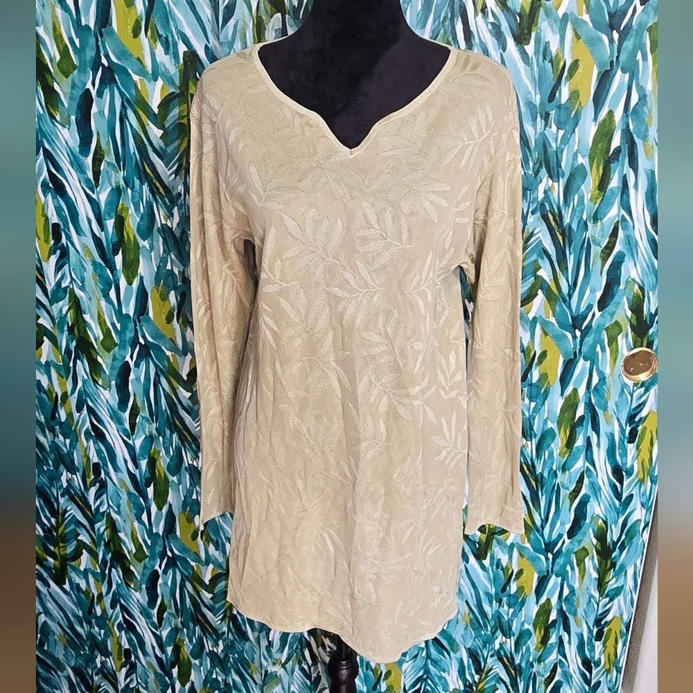 Escada By Margaretha Ley Elegant Long Sleeve Shift Dress Leaf Design